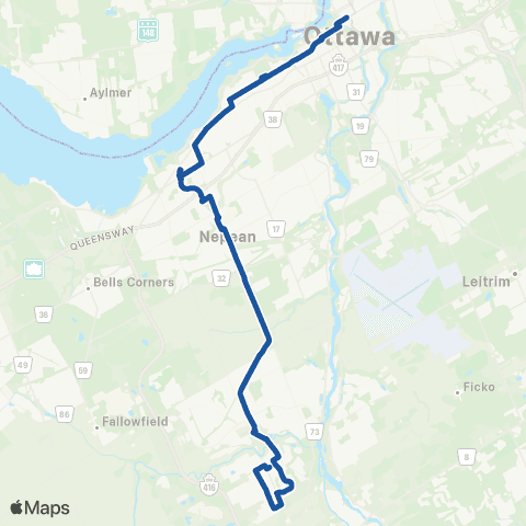OC Transpo Tunney's Pasture & N Rideau <​> Barrhaven Ctr / Cambrian map