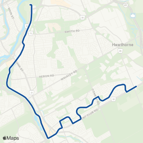 OC Transpo Hawthorne <​> Hurdman map