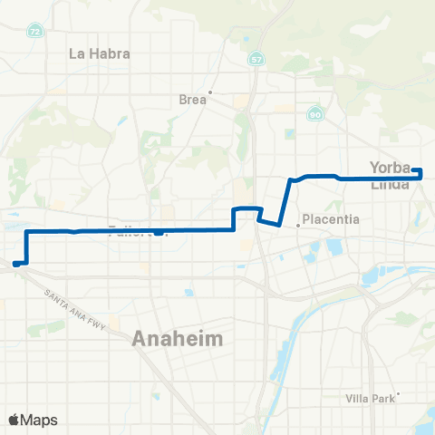 OCTA Fullerton - Yorba Linda map