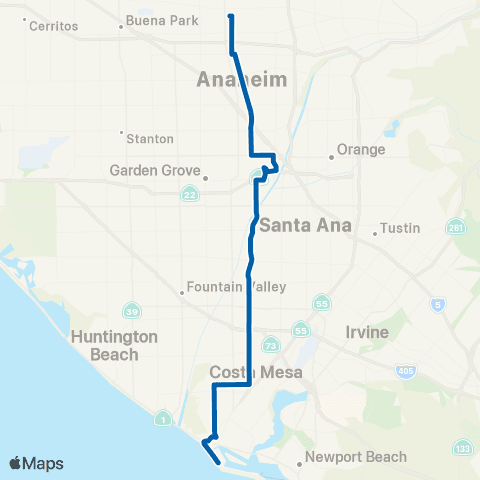OCTA Fullerton - Newport Beach map