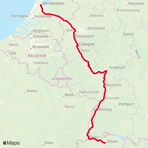 NS Int Amsterdam Centraal <-> Zürich HB NJ400 map