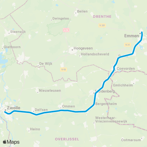 Blauwnet Arriva Zwolle <-> Coevorden S13800 map