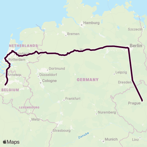 European Sleeper Brussel-Zuid <-> Praha hl.n. ES400 map