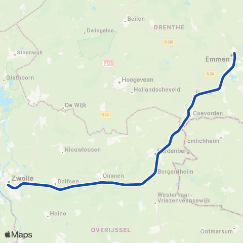 Blauwnet Arriva Zwolle <-> Emmen S3800 map