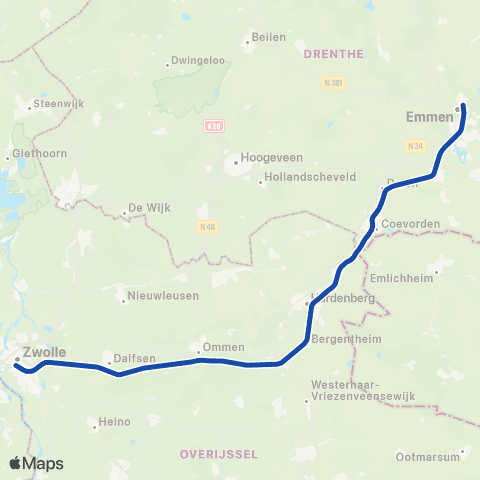 Blauwnet Arriva Zwolle <-> Emmen ST8000 map