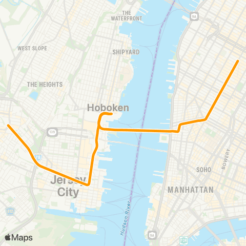 PATH Journal Square - 33rd Street via Hoboken map