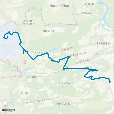 PID Na Knížecí - Dědina - Obchodní Centrum Ruzyně - Letiště map