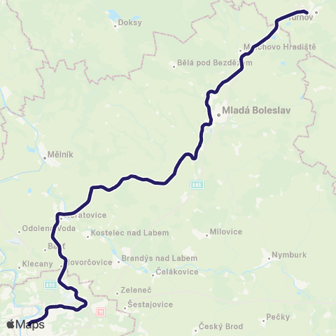 PID Praha - Všetaty - Mladá Boleslav - Turnov ( - Tanvald) map
