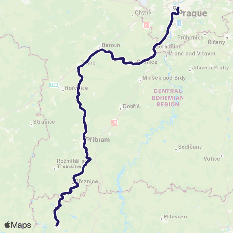PID Brdy: Praha - Beroun - Zdice - Příbram - Březnice - Blatná map