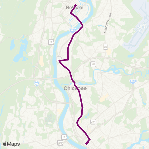 PVTA Holyoke-Springfield via Chicopee map