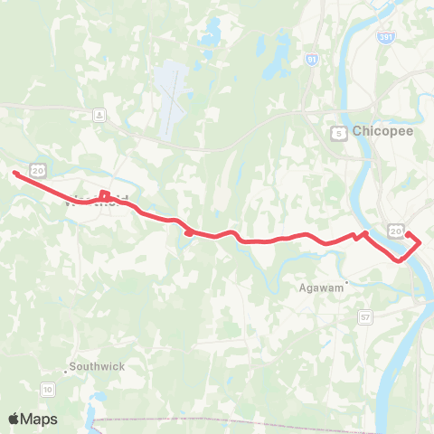 PVTA Westfield / W Springfield via Route 20 map