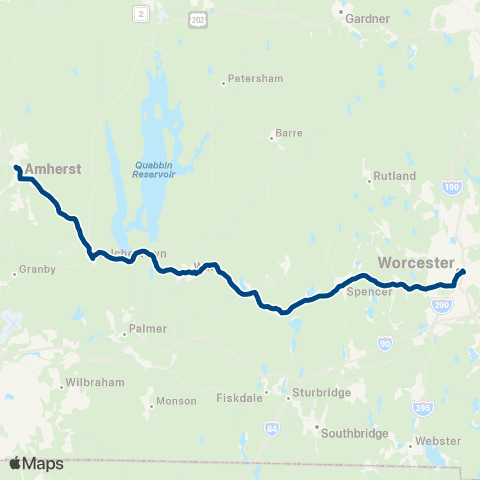 PVTA Amherst-Worcester Intercity Service map