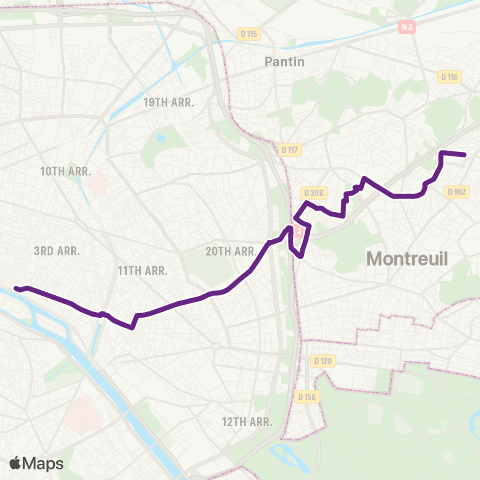 RATP Châtelet <> Montreuil - Hôpital map