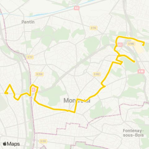 RATP Gare de Rosny - Bois-Perrier <> Gambetta - Mairie du 20e map