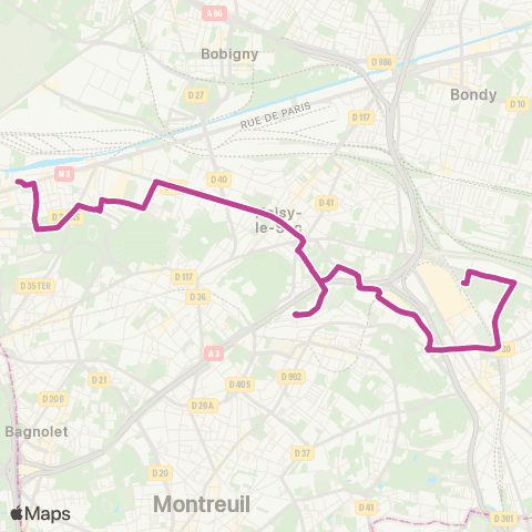 RATP Église de Pantin - Métro <> Gare de Rosny - Bois-Perrier map