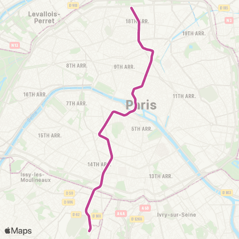 RATP Porte de Clignancourt <> Mairie de Montrouge map