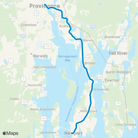 RIPTA Providence - Newport (East Bay) map
