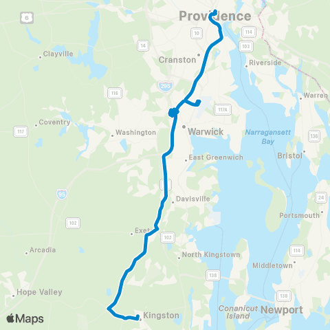 RIPTA Providence - URI Kingston / CCRI Warwick map