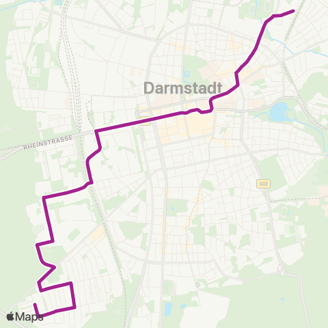 RMVB Darmstadt Hauptbahnhof - Darmstadt Alfred-Messel-Weg map