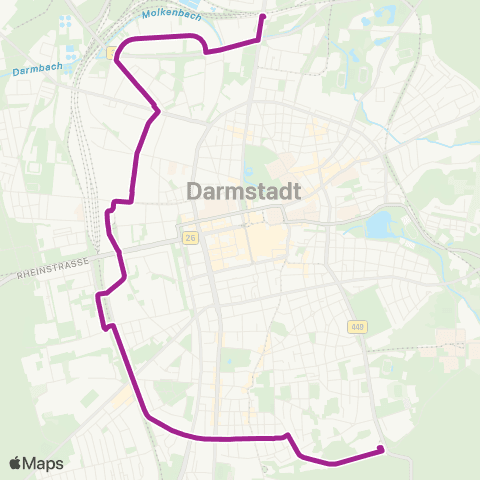 RMVB Darmstadt Böllenfalltor - Darmstadt Nordbahnhof map