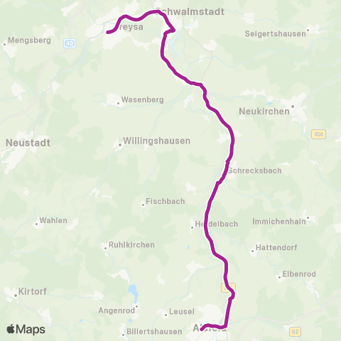 RMVB Alsfeld Bahnhof - Schwalmstadt-Treysa Bahnhof map