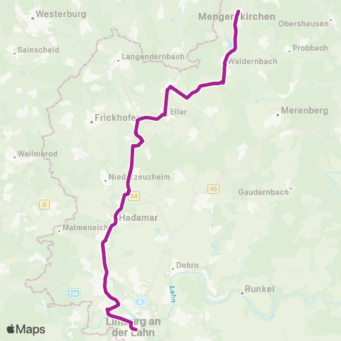 RMVB Waldbrunn (Westerwald)-Fussingen Wende Pl - Limburg (Lahn) Zob Nord map