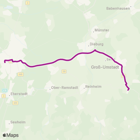RMVB Groß-Umstadt Pfälzer Schloß - Darmstadt Hauptbahnhof map