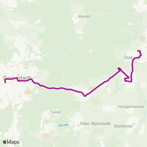 RMVB Darmstadt Hauptbahnhof - Dieburg Bahnhof map