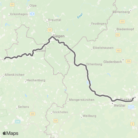 RMVR Siegen Hbf - Gießen Bf map