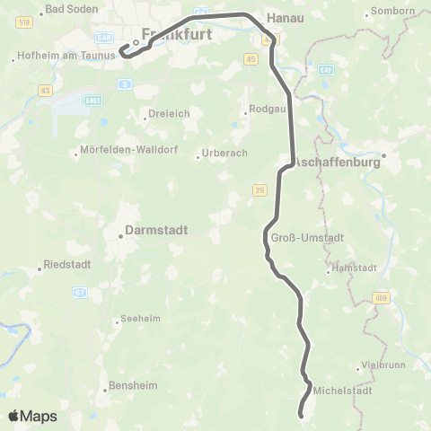 RMVR Groß-Umstadt-Wiebelsbach Bf - Frankfurt Hbf map