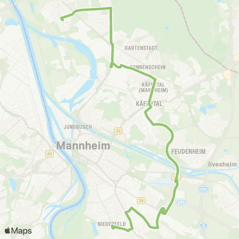 Rhein-Neckar-Verkehr GmbH MA Neckarau West - Neuostheim - Käfertal Süd - Speckweg - Waldhof Bf - Schönau - MA Sandhofen map