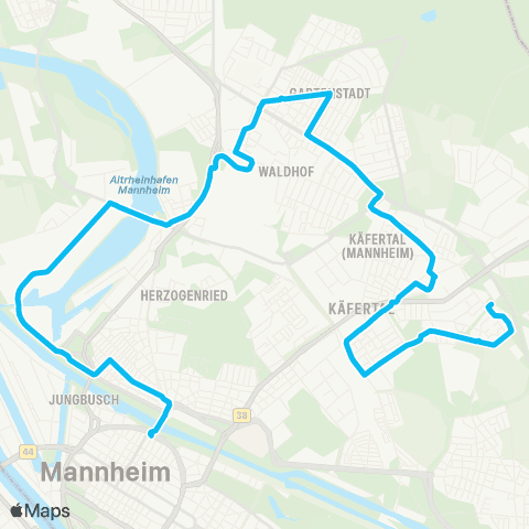 Rhein-Neckar-Verkehr GmbH MA Kurpfalzbrücke - Luzenberg - Karl-Feuerstein-Straße - Waldstraße - Käfertal Wald - Kometenweg - Sonnenschein - Feuerwache Nord - Käfertal Rathaus - MA Käfertal Bf - Im Rott map
