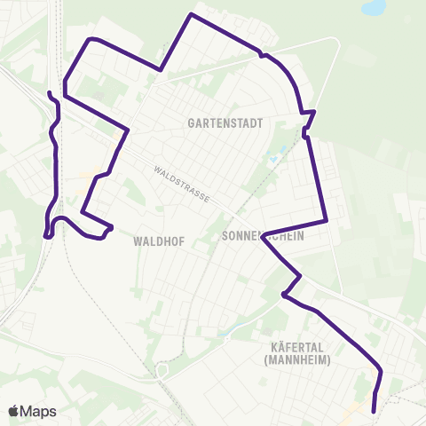 Rhein-Neckar-Verkehr GmbH Käfertaler Wald - Am Herrschaftswald - Waldfriedhof - Glücksburgerweg - Waldstraße - Haus Waldhof - Karl-Feuerstein-Straße - MA Waldhof Bf map