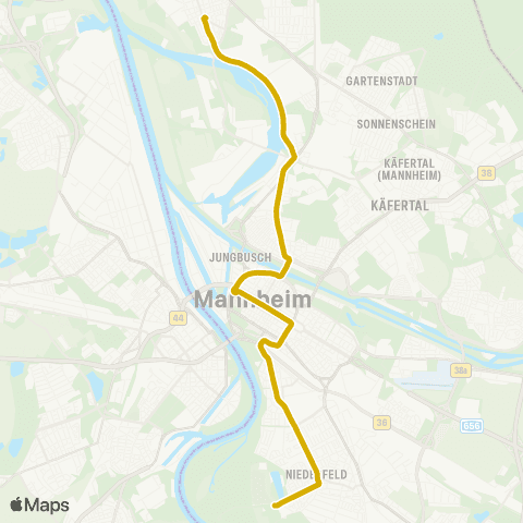 Rhein-Neckar-Verkehr GmbH MA Rheingoldhalle - Neckarau West - Lindenhof - MA Hbf - Wasserturm - Paradeplatz - Luzenberg - MA Sandhofen map