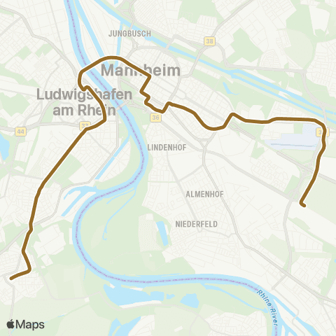 Rhein-Neckar-Verkehr GmbH MA SAP Arena S-Bahnhof - Neuostheim / Neuhermsheim - Paradeplatz - MA Rathaus - LU Rathaus - Berliner Platz - LU Rheingönheim map