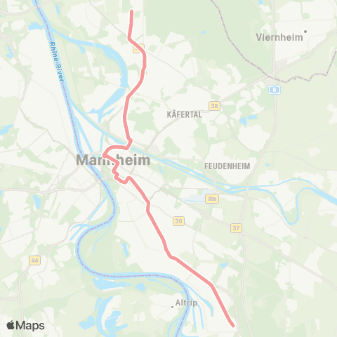 Rhein-Neckar-Verkehr GmbH MA Rheinau Bf - Neckarau - MA Hbf - Paradeplatz - Waldhof - MA Schönau map