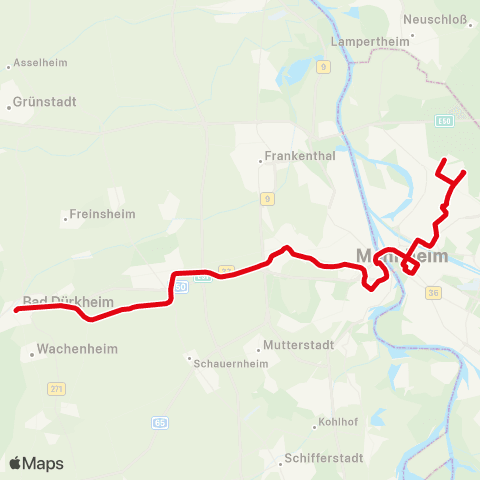 Rhein-Neckar-Verkehr GmbH Bad Dürkheim - LU Oggersheim - LU Hbf - Berliner Platz - MA Hbf - Wasserturm - Paradeplatz - Alte Feuerwache - Schafweide - Universitätsklinikum - Bonafitiuskirche - Ulmenweg - Waldfriedhof map