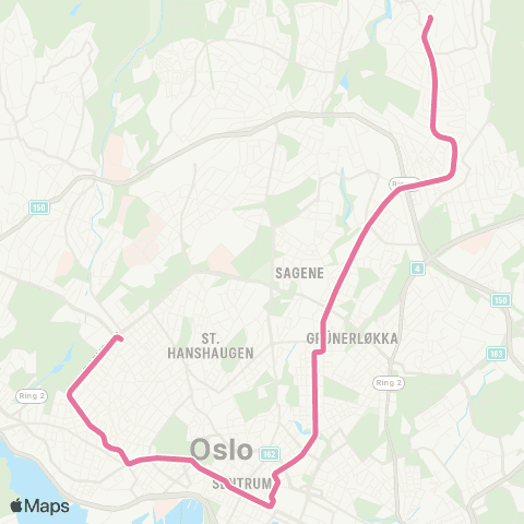 Ruter Jernbanetorget - Majorstuen via Nat map