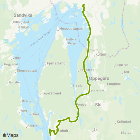 Ruter Drøbak - Oslo (natt - og morgenbuss) map