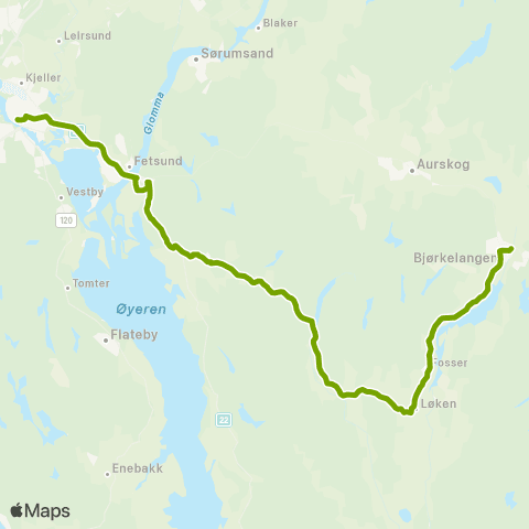 Ruter Bjørkelangen - Løken - Lillestrøm map