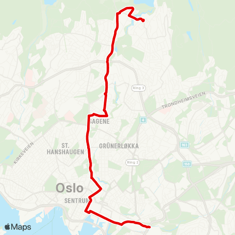 Ruter Kværnerbyen - Kjelsås stasjon map