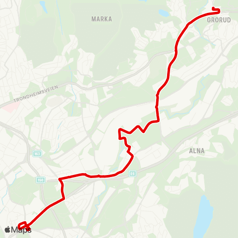 Ruter Helsfyr T - Grorud T via Alfaset map
