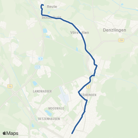 RVF Unterreute Friedhof ↔︎ Freiburg Hbf map