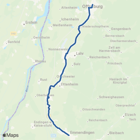 RVF Emmend. Bf ↔︎ Offenburg Bf map