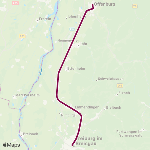 RVF Freiburg Hbf ↔︎ Offenburg map