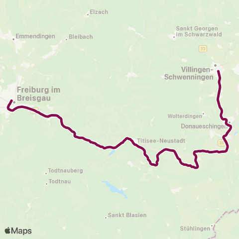 RVF Freiburg Hbf ↔︎ Villingen Bf map