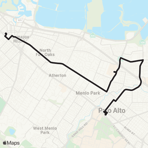 SamTrans Redwood City TC - Palo Alto TC map