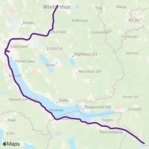 SBB CFF FFS Pfäffikon SZ - Winterthur map