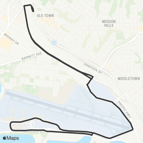 MTS Old Town to Airport Shuttle map
