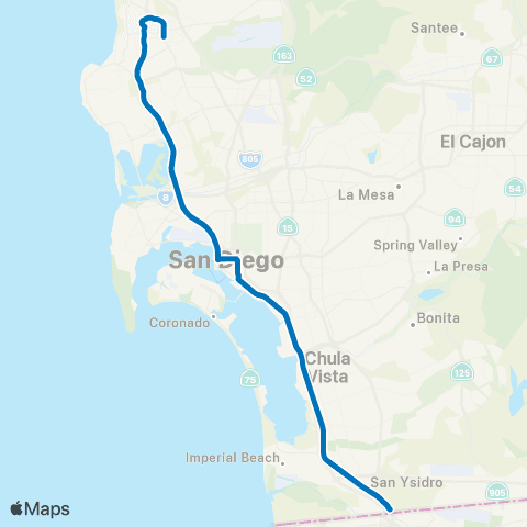 MTS UCSD Blue (San Ysidro - America Plaza) map